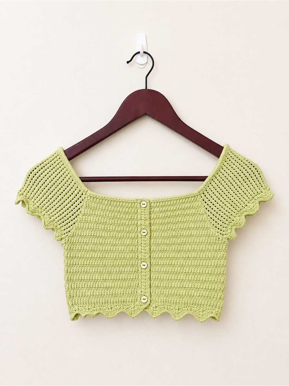 Zara Knit Crochet Crop Top Lime Green Scalloped Hem Button Front Size S NWOT
